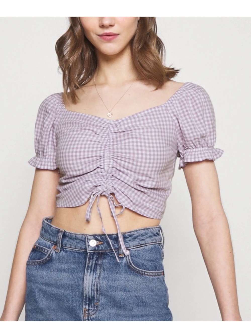 Hollister Checker Print Puff Sleeve Off Shoulder Cinch Tie Crop Top XS